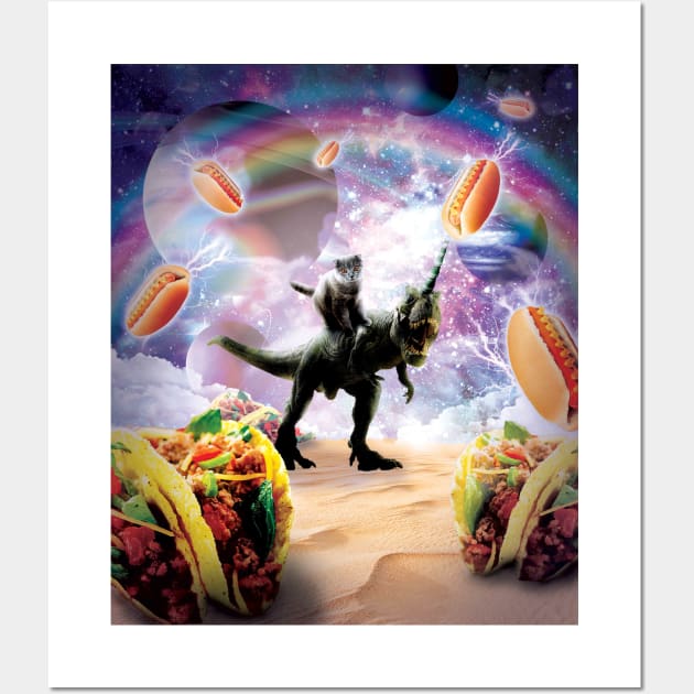 Space Cat Riding Dinosaur Unicorn - Hotdog & Taco Wall Art by Random Galaxy